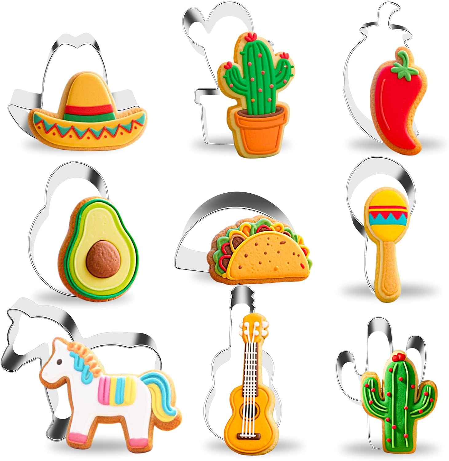 9 Pieces Cinco de Mayo Cookie Cutters Set, Regular Stainless Steel Mexican Fiesta Pinata Cookies Cutter includes Cactus Pepper Taco Avocado Sombrero Maraca Llama Guitar Baking Mold Decorations